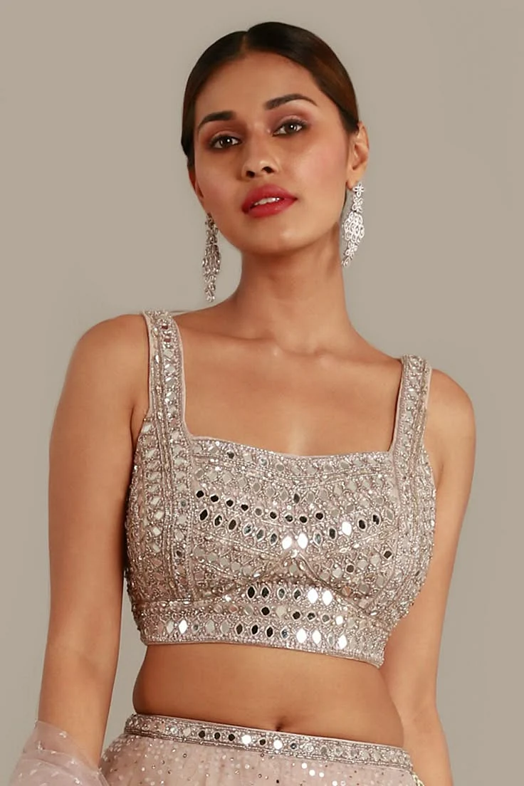 Ash Grey Classic Blouse with Mirror Work Silver Details Seasons India