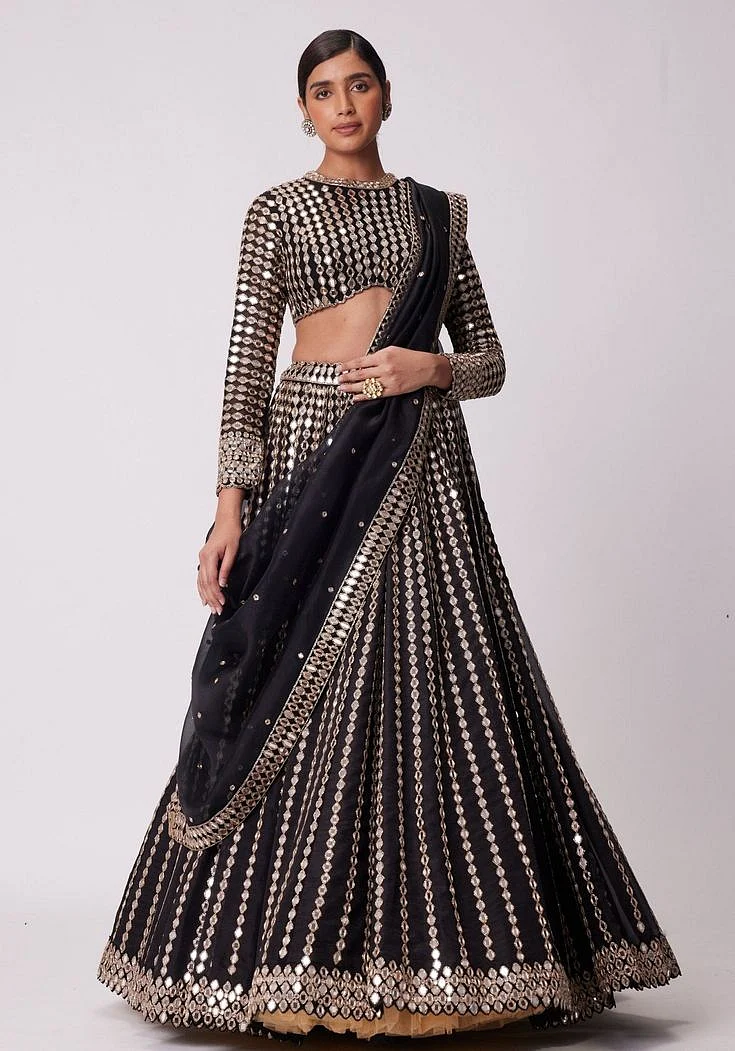 Black Linear Lehenga With Embroidered Full Sleeves Blouse MySize