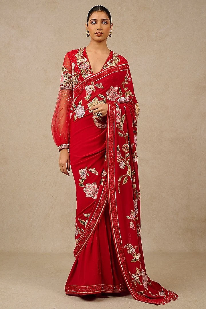 Red Silk Georgette Gara Embroidered Saree Set by Tarun Tahiliani at Pernias Pop Up Shop 2025