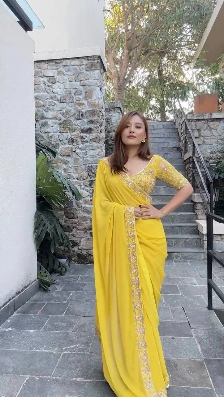 Yellow saree for haldi function faux Georgette saree blouse designer saree blouse with sequin worknew wedding saree for function and gift