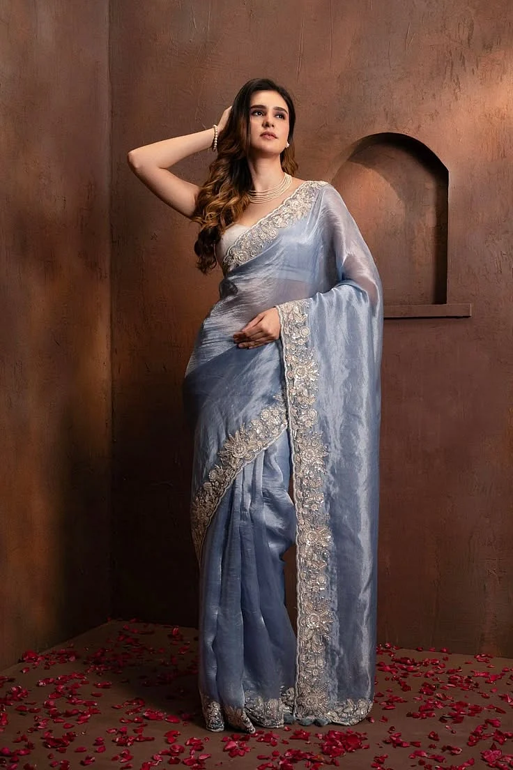HAND EMBROIDERED BLUE TISSUE ORGANZA SAREE 1
