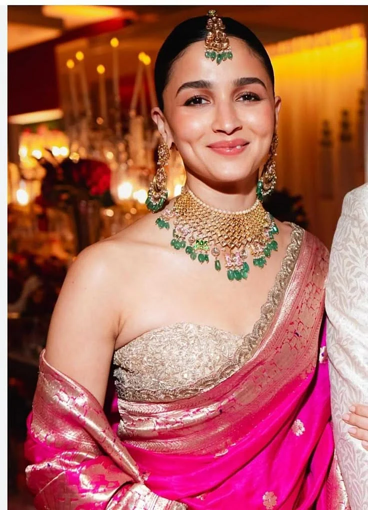 Alia Bhatt Pink Color Zari Border With Hand Work Golden Blouse