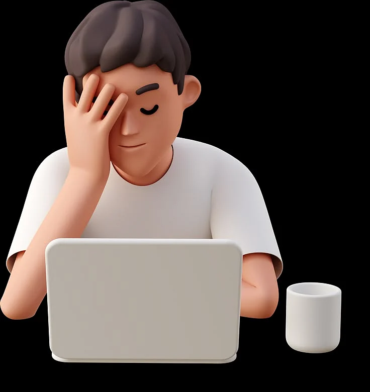 3D young man with closed eyes working on laptop and holding head Illustration