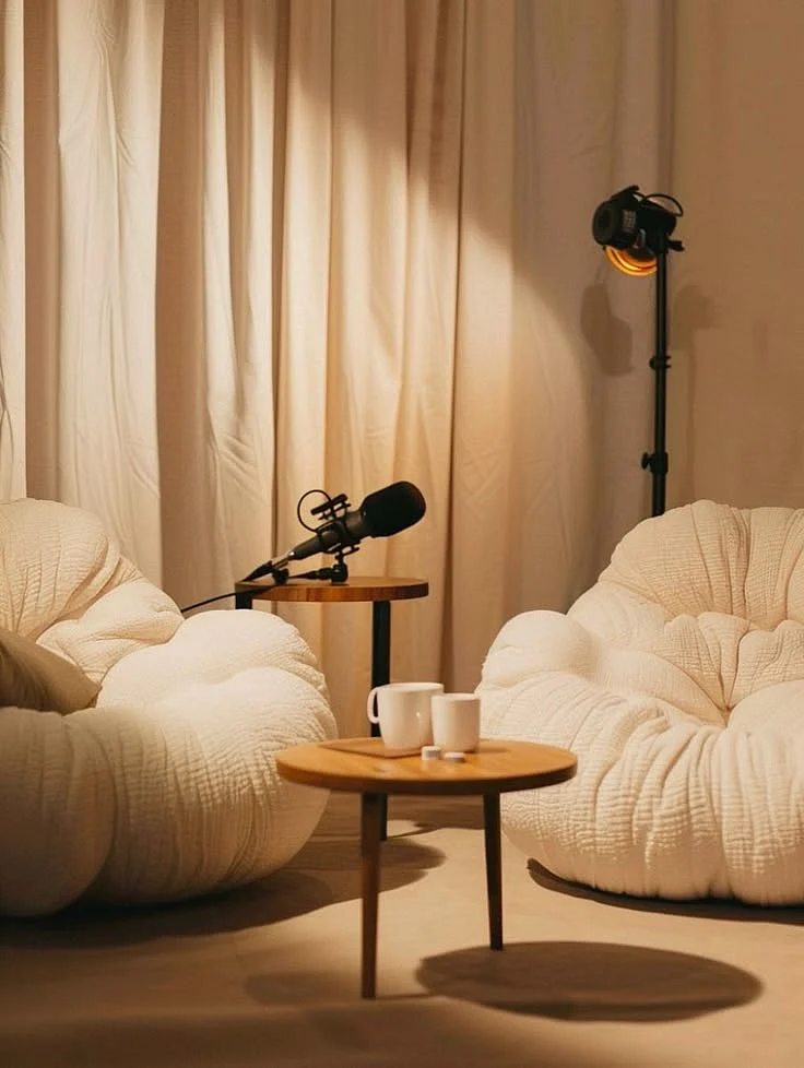 Call Her Daddy Style Cozy and Warm Minimalist Podcast Studio Setup Midjourney AI Generated Image