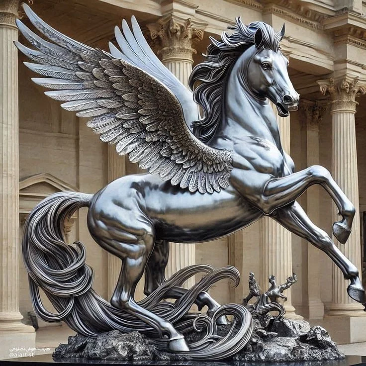 Silver winged horse statue