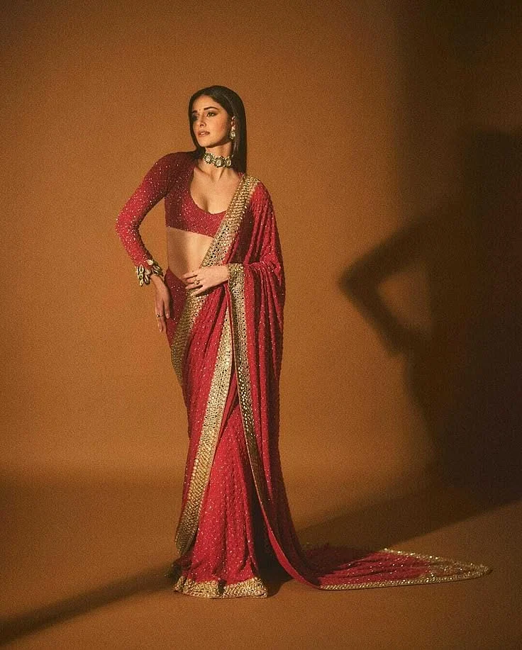 Ananya Pandey Designer Red Bridal Wedding Saree Sequins Embroidery Work Saree eBay