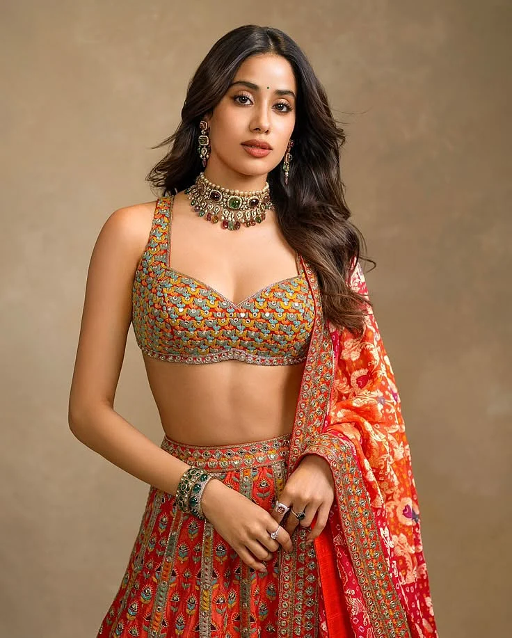 Janhvi Kapoor’s coral lehenga by Arpita Mehta spotlights the Bandhini craft