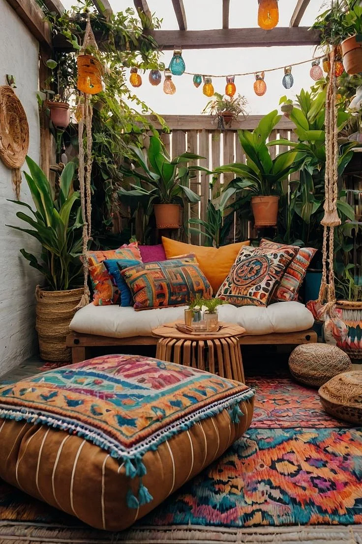 Boho Chic Lounge Entspanntes Outdoor Leben mit Pflanzen und Licht
