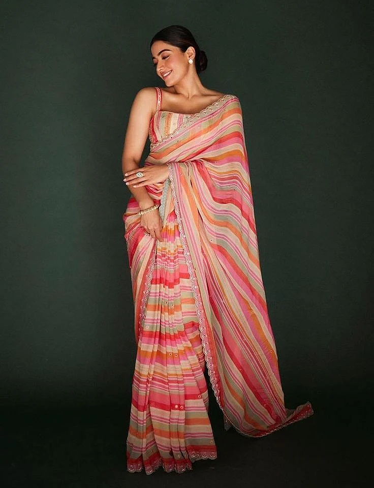 Rashmika Mandanna looks gorgeous in a dainty striped saree