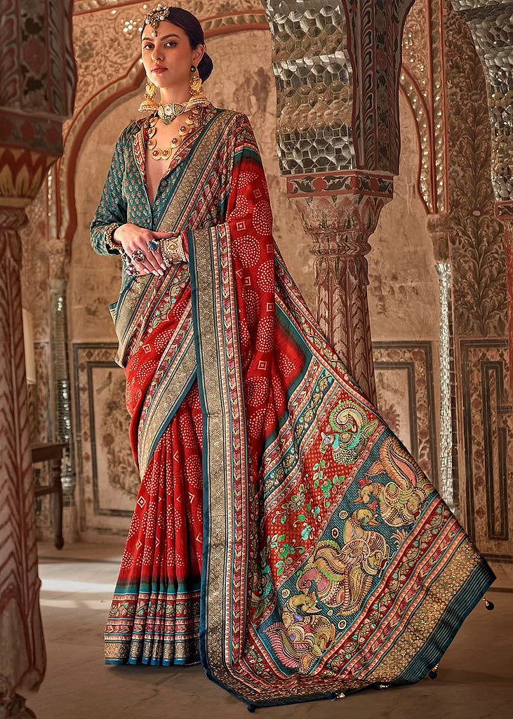 Crimson Red Viscose Silk Saree with Rajwadi Print