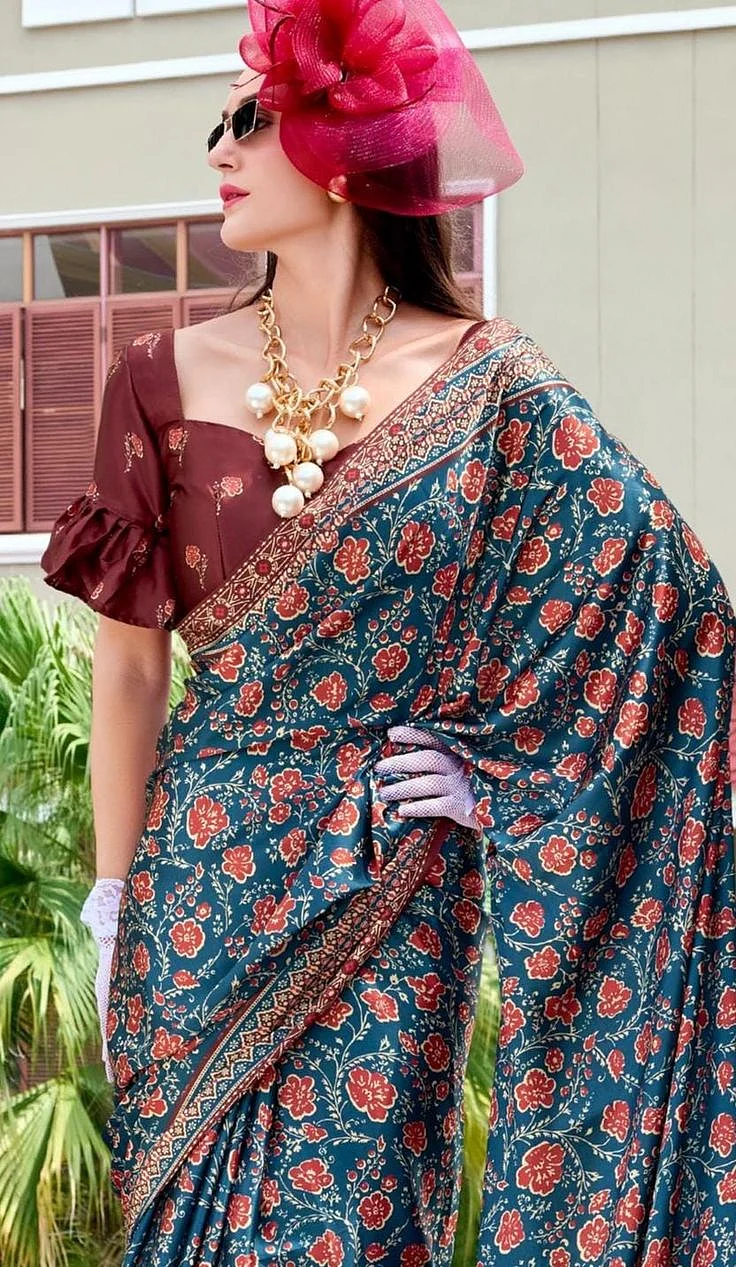 Ajrakh Satin Silk SareeReady to Wear Blouse SareeSimple SAREETrendy Saree Blouse PartyWear Wedding Bridal Indian Sari bridesmaid Sari