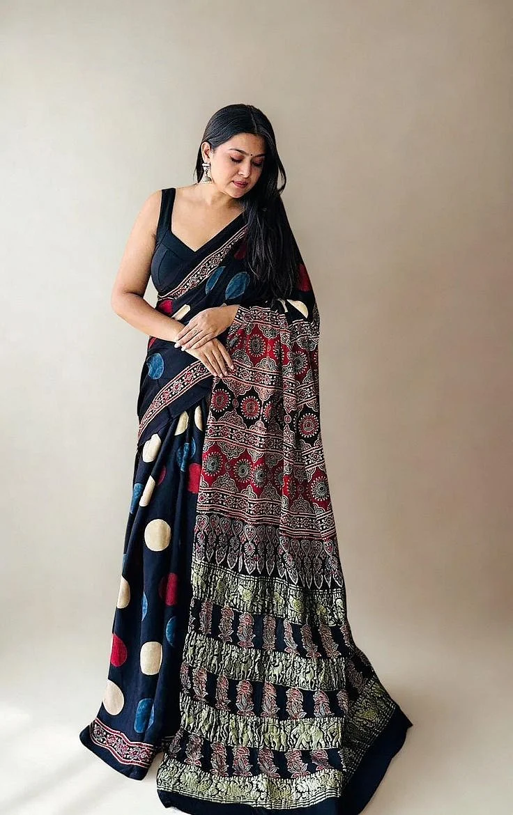 New Sindhu Jal Ajrakh Modal Silk Saree Black Red Handblock printed saree Wedding Brides Saree Polka Dots Saree