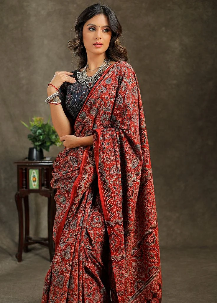 Red and blue Cotton Ajrakh saree Running BP