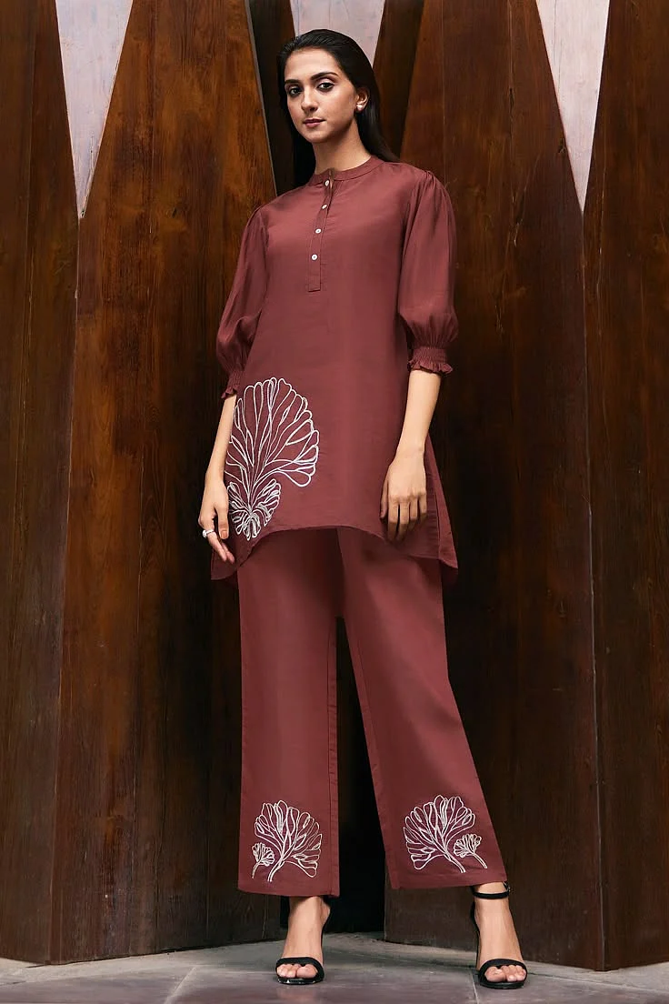Exclusive Viscose Fabric Daily Wear Embroidered Work Readymade Co Ord Set In Brown Color Brown Viscose 44