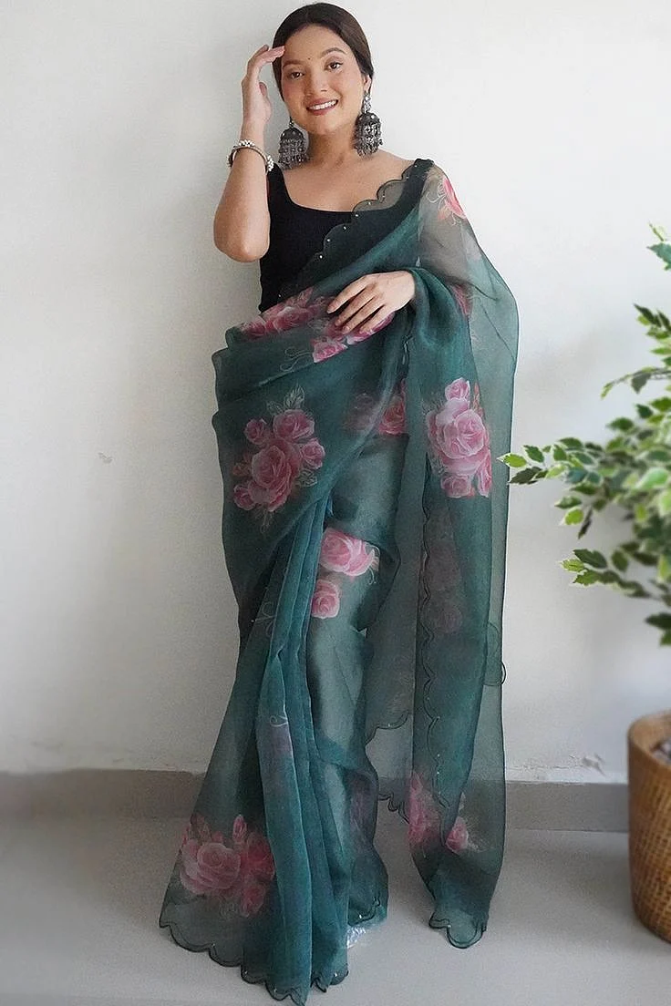 Women s Teal Green Floral Printed Organza Saree