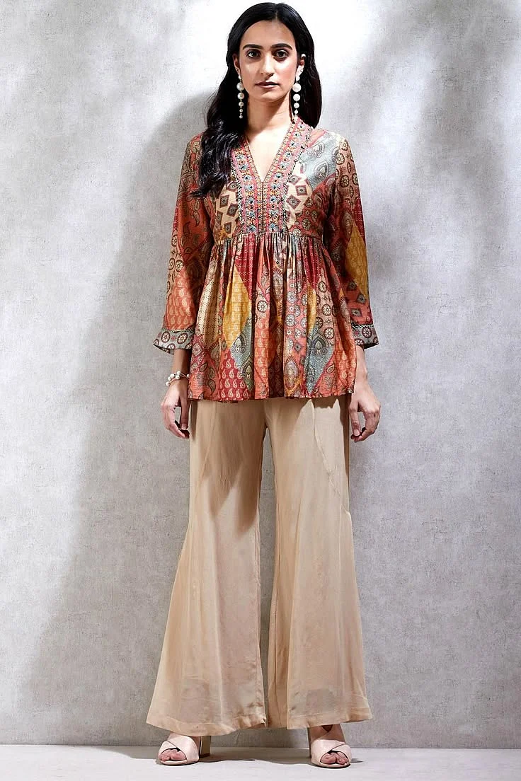Buy Multi Color Viscose Bamberg V Neck Printed Short Kurta For Women by Ritu Kumar Online at Aza Fashions
