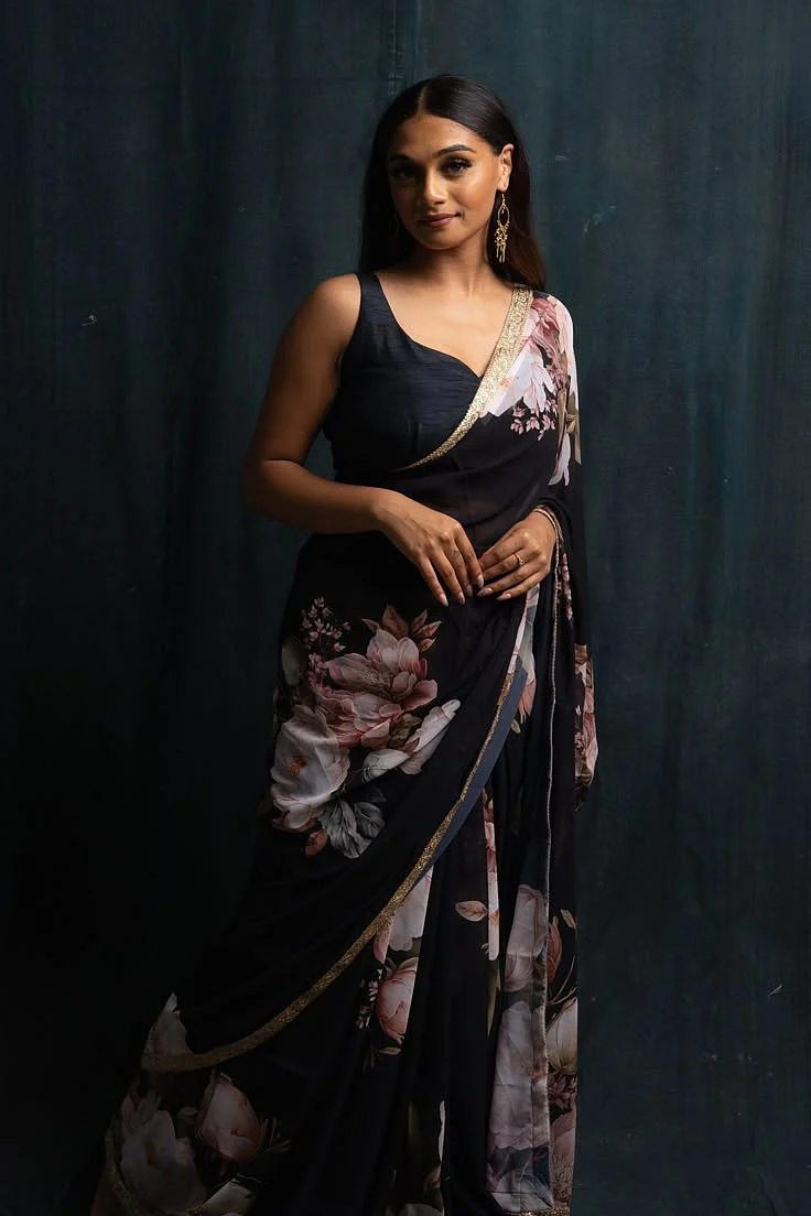Party Wear Black Floral Saree