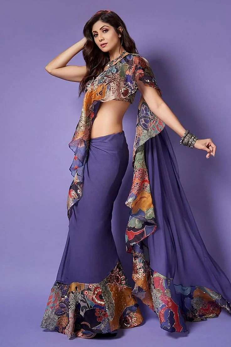 Buy Purple Satin Organza Embroidery Sweetheart Neck Printed Ruffle Saree With Blouse For Women by Ai