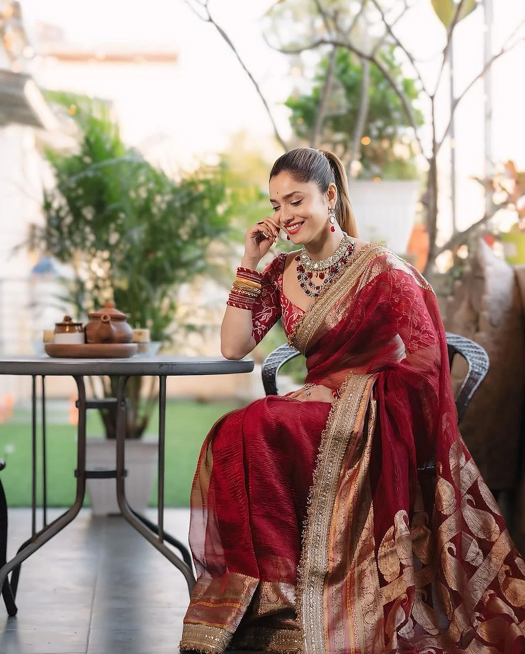 lokhandeankhita spotted in our most loved maharani tissue silk midnight red saree looking absolutel