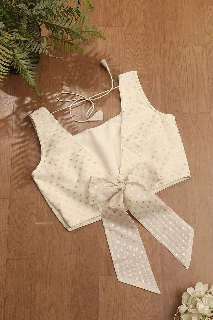 Dyeable Banarasi Polka Dot Chanderi Silk U Neck Sleeveless Blouse