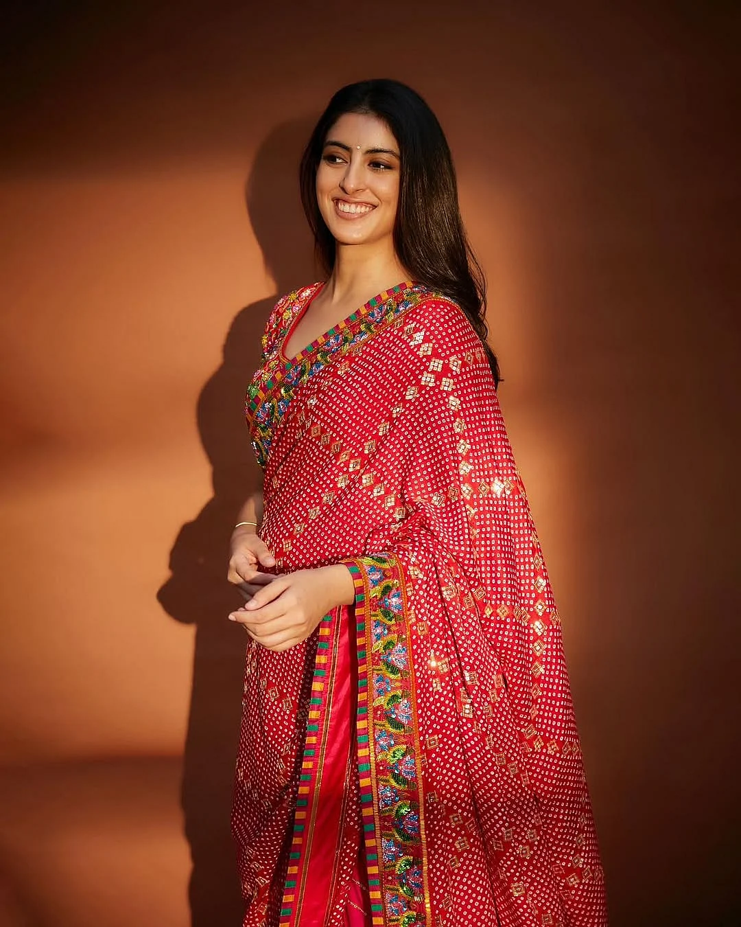 Ready for the Festivities Navya Nanda looked stunning in a Bandhani sari by abujanisandeepkhosla
