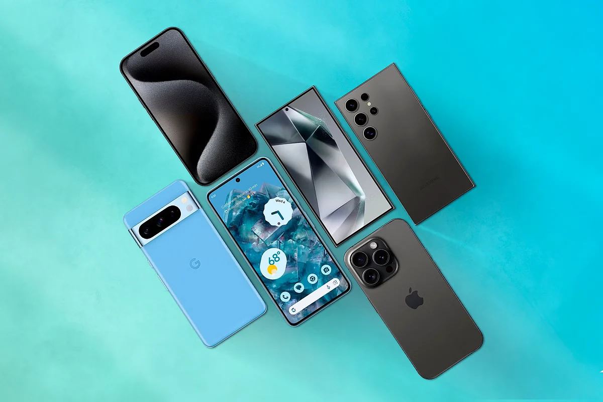 front and rear view of some flagship smartphones