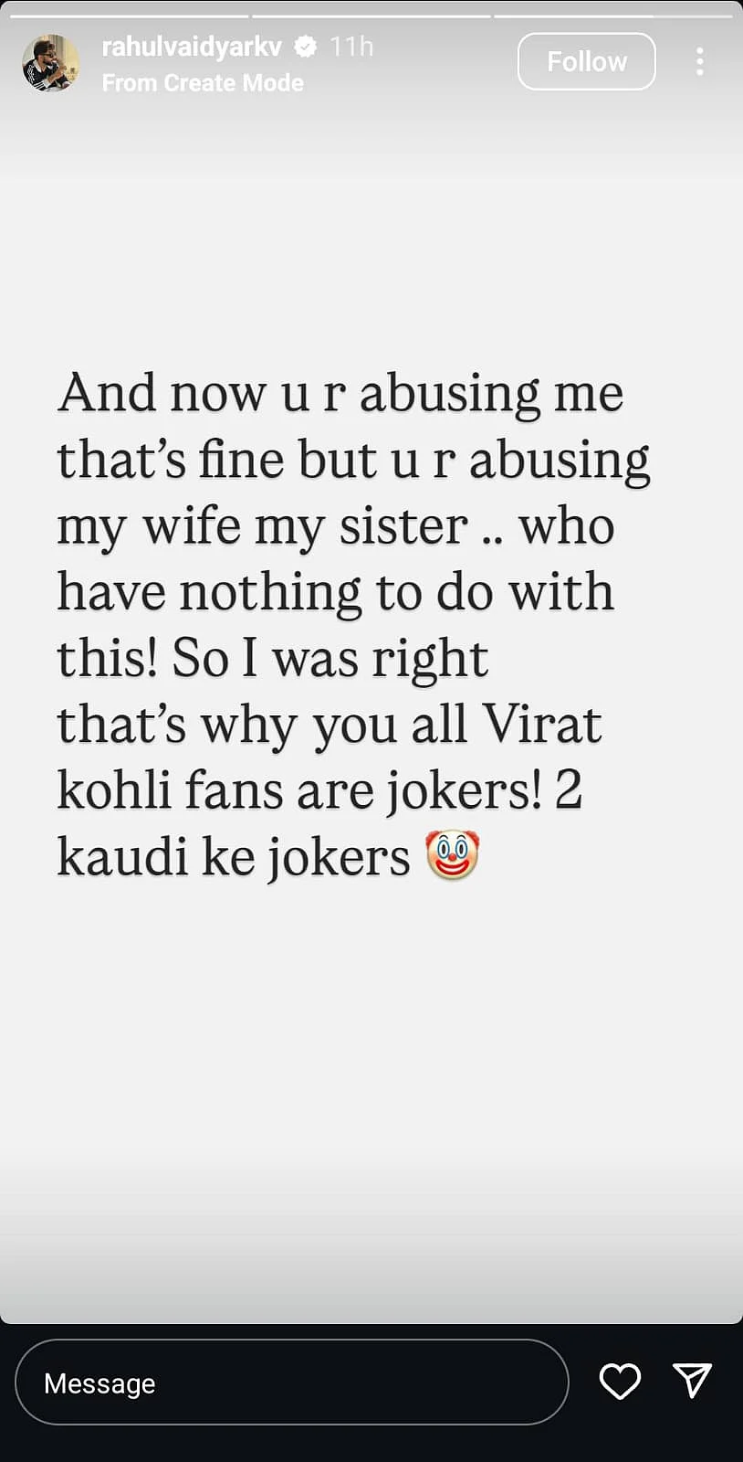 Rahul Vaidyas IG Story