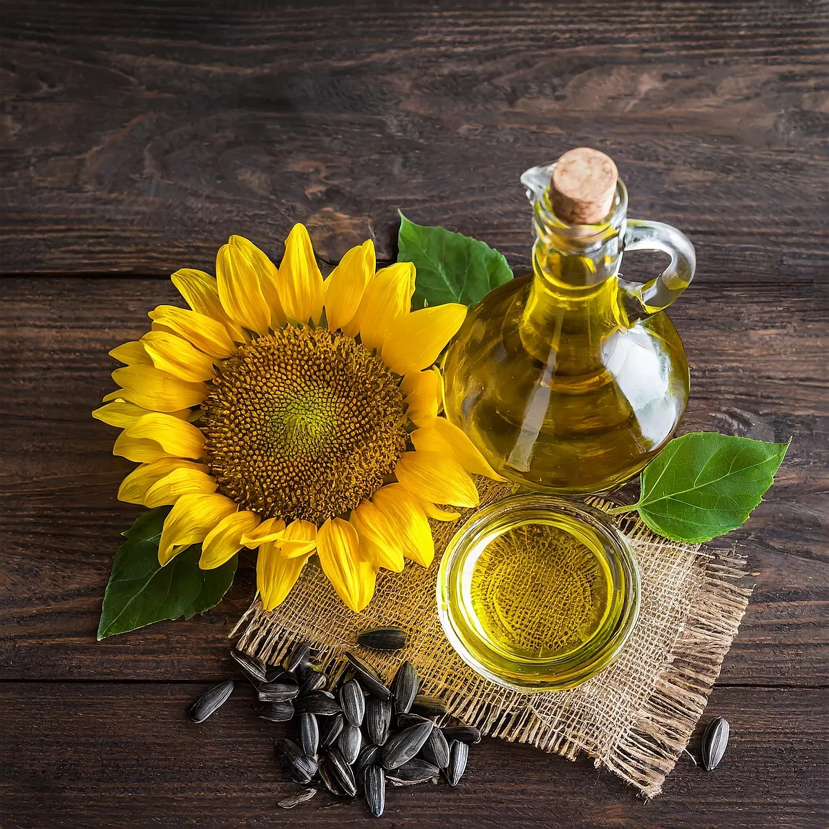 Firefly cold pressed sunflower oil on dark wooden table top view 59203