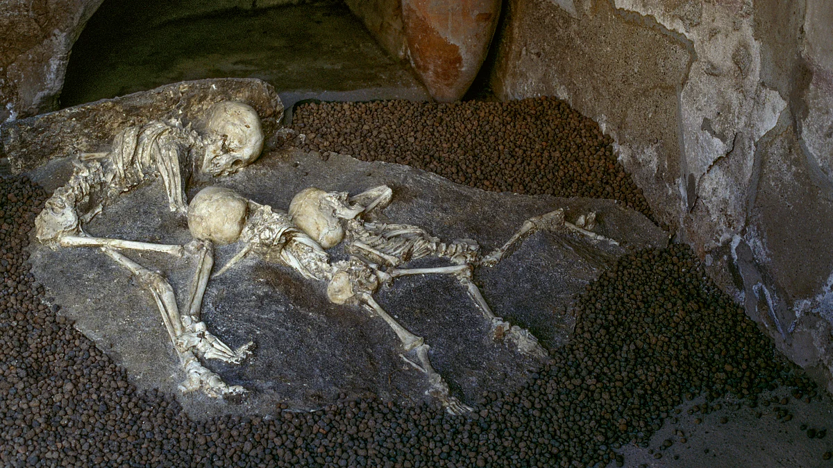 Human skeletons found in the House of Neptune and Amphitrite, Herculaneum (UNESCO World Heritage Site, 1997), Campania, Italy, Roman civilization, 1st century.