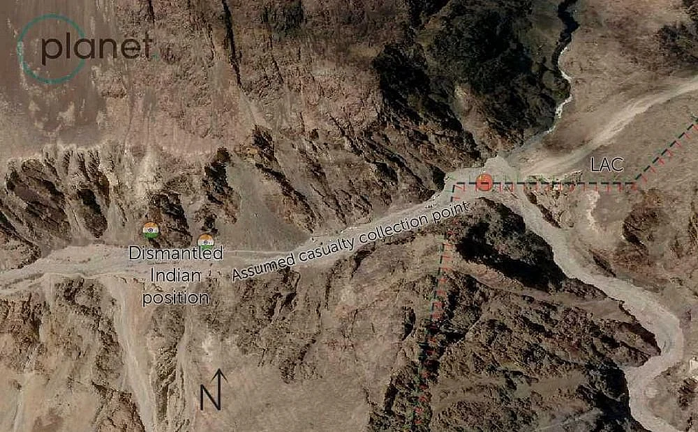 गलवान नदी घाटी, 16 जून 2020 को चीन की पोजीशन का कुछ हिस्सा हटा हुआ 