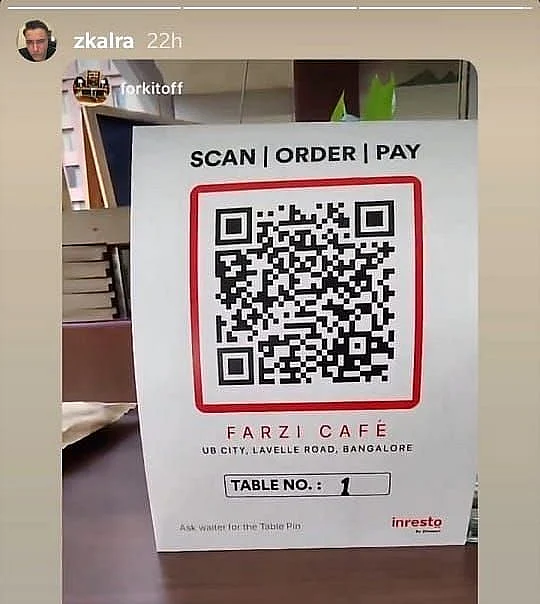 बेंगलुरु में QR कोड वाले मेन्यू ऑर्डर सिस्टम पर रेस्टोरेंट मालिक जोरावर कालरा का इंस्टाग्राम पोस्ट