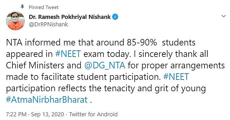 85-90 फीसदी बच्चों ने NEET 2020 दिया: शिक्षा मंत्री निशंक