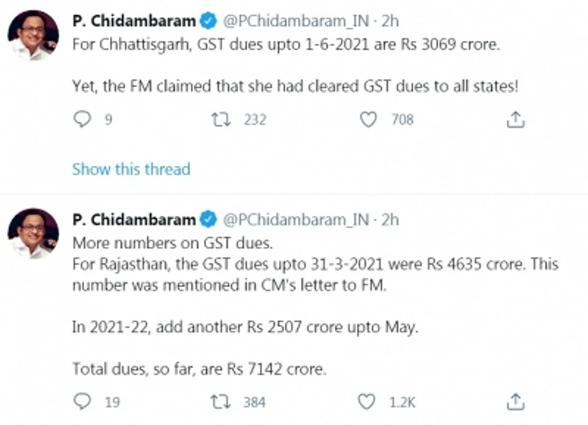 वित्त मंत्री के दावे के मुताबिक राज्यों का जीएसटी बकाया नहीं चुकाया गया : चिदंबरम