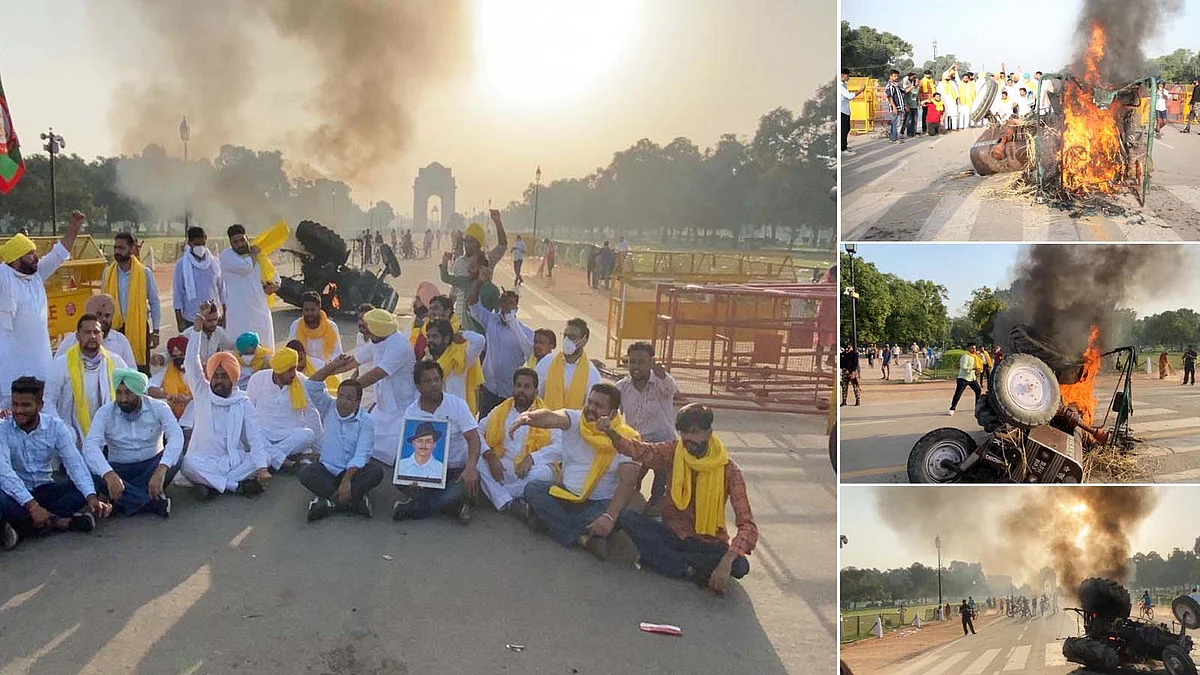 दिल्ली:कृषि कानून के खिलाफ प्रदर्शनकारियों ने इंडिया गेट पर जलाया ट्रैक्टर