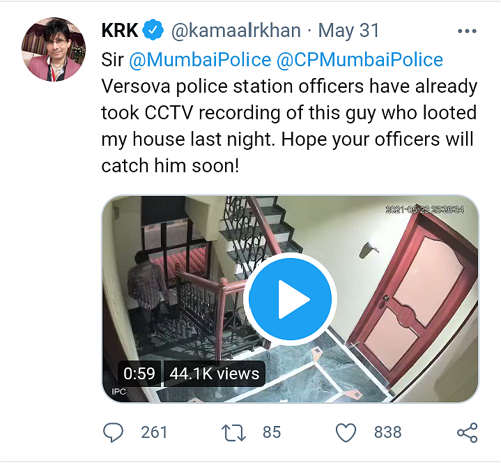 KRK के घर हुई चोरी, CCTV फुटेज शेयर कर कही यह बात