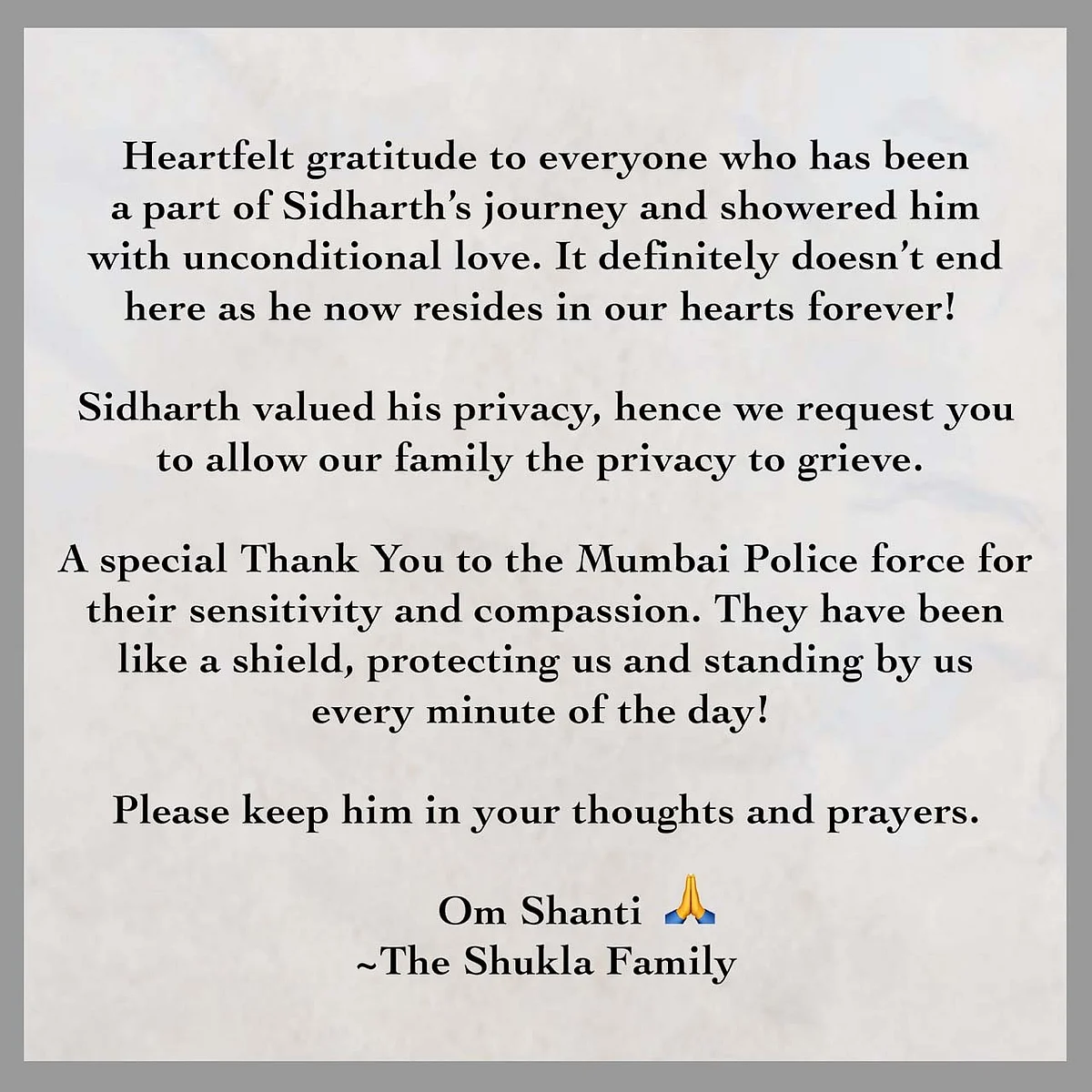 सिद्धार्थ शुक्ला के परिवार ने जारी किया बयान