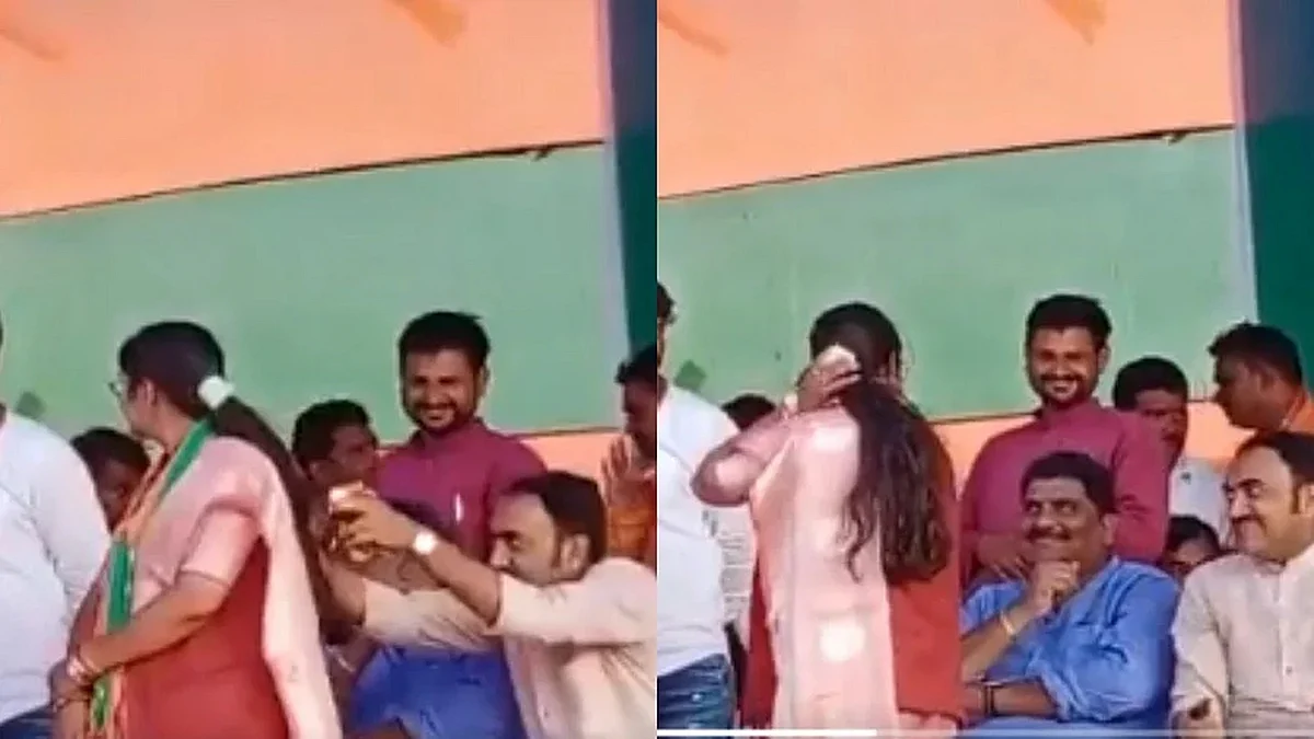 महिला प्रत्याशी के बालों से चश्मा निकालते दिखे मंत्री, कांग्रेस बोली- शर्म करो