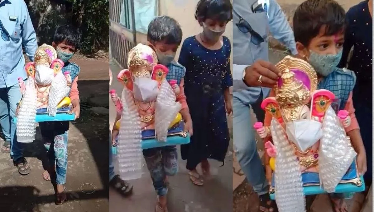 सांगलीत चिमुरड्यांनी घेतली लाडक्या बाप्पाची काळजी; चक्क गणेशमुर्तीलाच लावले मास्क