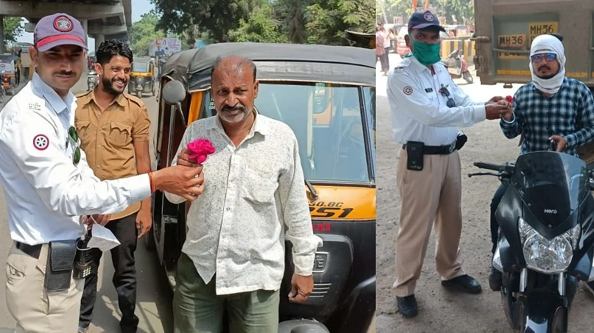 वाहतूक पोलिसांची 'गांधीगिरी', नियम मोडणाऱ्यांचा पुष्पगुच्छ देऊन केला सत्कार...
