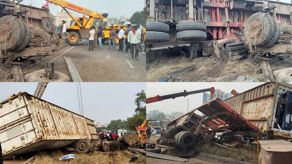 पुण्यात नवले पुलाजवळ पुन्हा भीषण अपघात: कंटेनरच्या केबिनचा अक्षरशः चुराडा