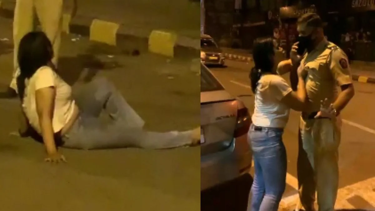 मद्यधुंद तरुणीचा भररस्त्यात धिंगाणा; पोलिसाची कॉलर पकडली, VIDEO व्हायरल
