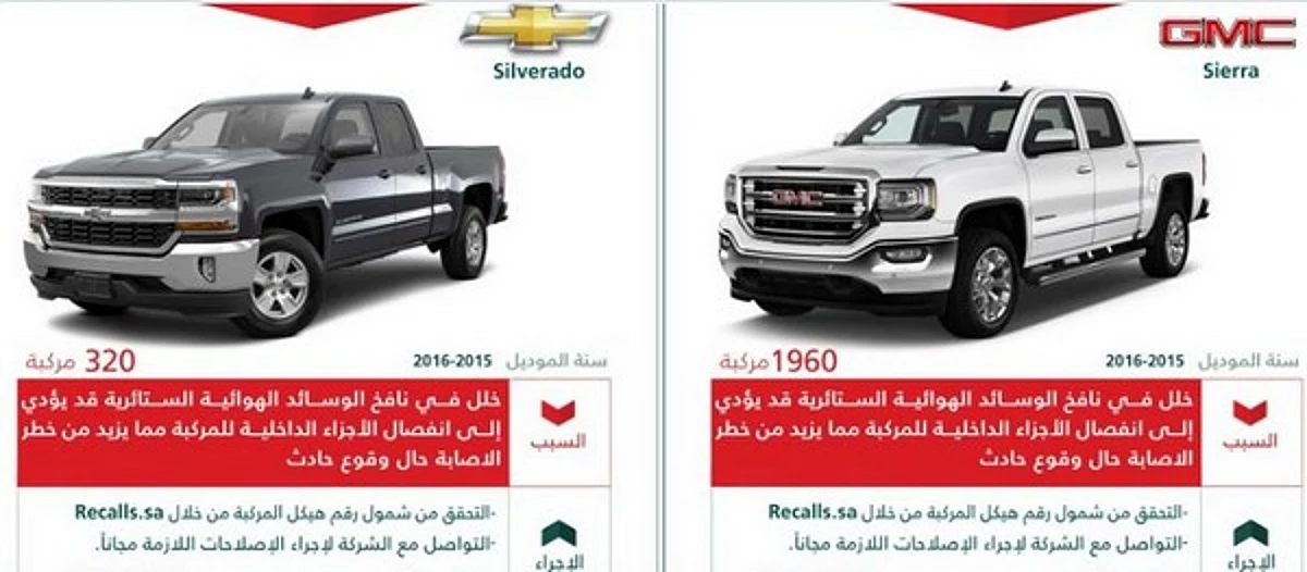 "التجارة" تستدعي 2.280 مركبة Sierra" GMC" وشيفروليه "Silverado": الإصلاح مجانًا