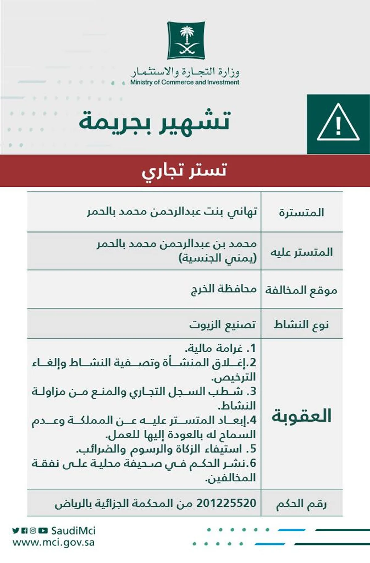 "التجارة" تشهر بمواطنة تسترت على شقيقها الوافد ومكنته من المتاجرة في تصنيع الزيوت وغش المستهلكين