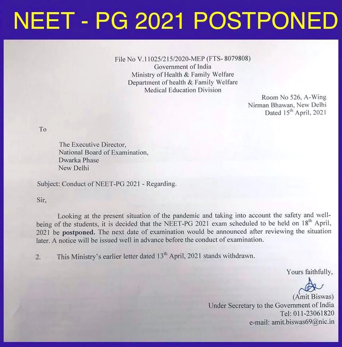 खबर का असर: कोरोना के कारण 18 अप्रैल को होने वाली NEET-PG मेडिकल प्रवेश परीक्षा को स्थगित, सिंन्स इंडिपेंडेंस ने छात्रों की मांग पर एक दिन पहले उठाया था मुद्दा