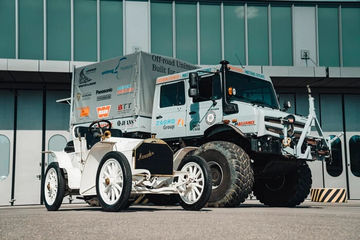 Unimog Bigfoot Meets Asphalt Cutter Mercedes Simplex from 1902