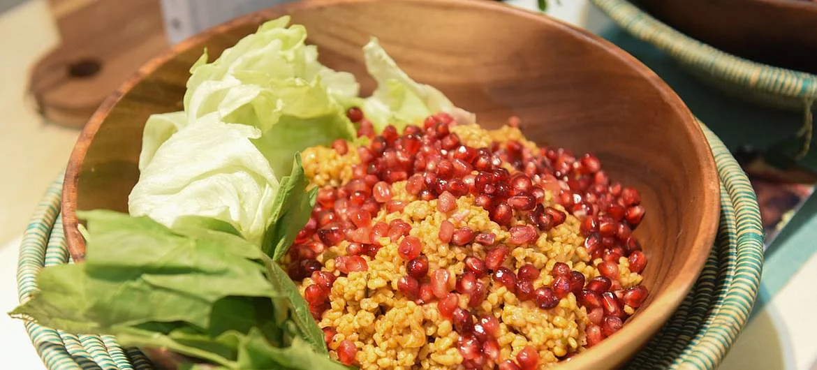 Bulgur and Pomegranate, a recipe by chef Manal Al Alem, was shared during the launch of the Cookbook at COP27 in Sharm El-Sheik, Egypt