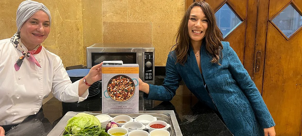 World Food Programme Goodwill Ambassador Chef Manal Al Alem, and Kitchen Connection’s founder Earlene Cruz, hold the Cookbook in support of the United Nations