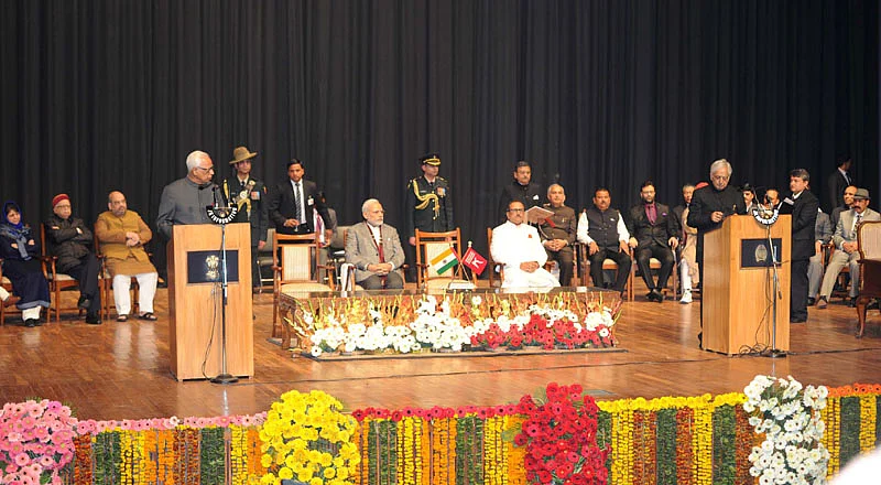Mufti Mohammed Sayeed being sworn in as the Chief Minister