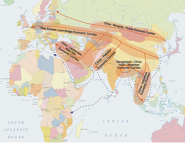 Figure 3: Various economic corridors, Source: <a href="http://thediplomat.com/2016/03/one-belt-one-road-one-heritage-cultural-diplomacy-and-the-silk-road/">http://thediplomat.com/2016/03/one-belt-one-road-one-heritage-cultural-diplomacy-and-the-silk-road/</a>