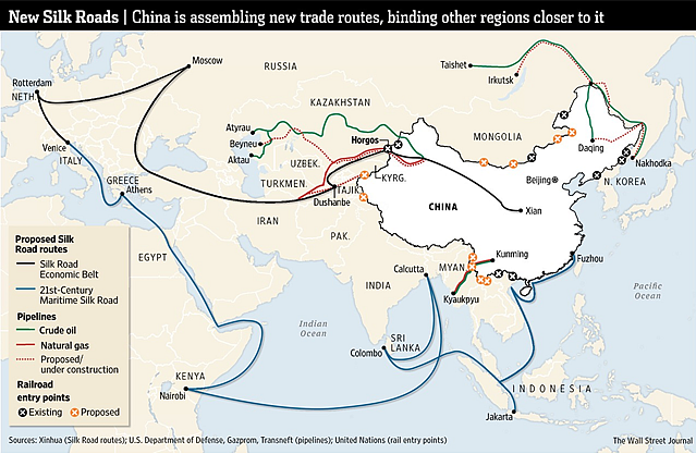 Figure 1: One Belt, One Road initiative, Source: <a href="http://www.wsj.com/articles/chinas-new-trade-routes-center-it-on-geopolitical-map-1415559290">http://www.wsj.com/articles/chinas-new-trade-routes-center-it-on-geopolitical-map-1415559290</a>